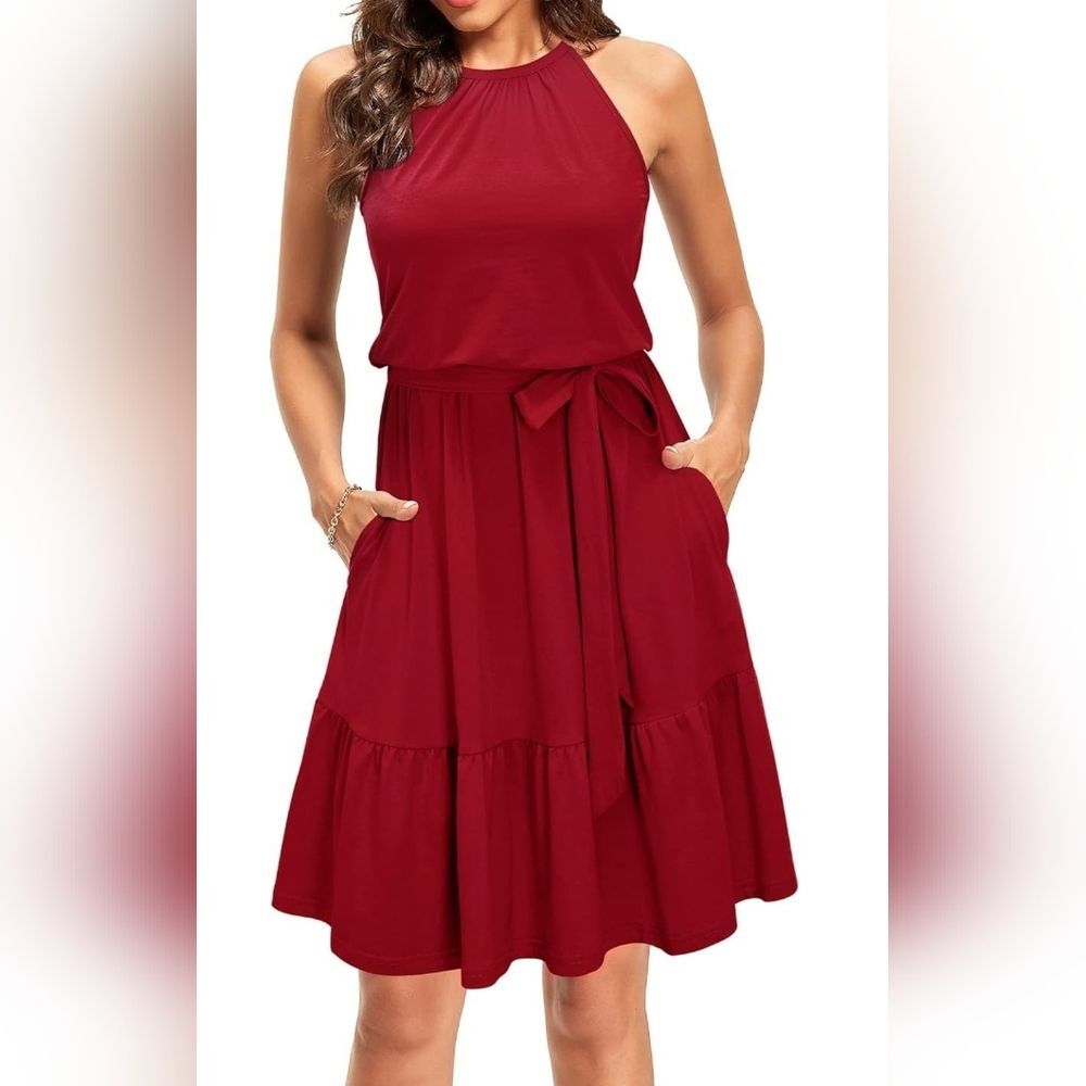 Sleeveless Midi Dress with Self-Tie Waist in Deep Red Size M